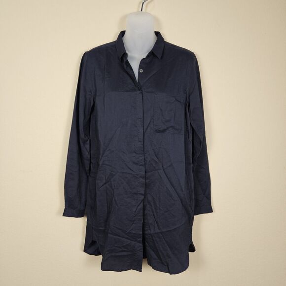 Tuckernuck Pomandere Silk Shirt Dress Medium Navy Minimal Shift Wool Womens 38 - Picture 2 of 15